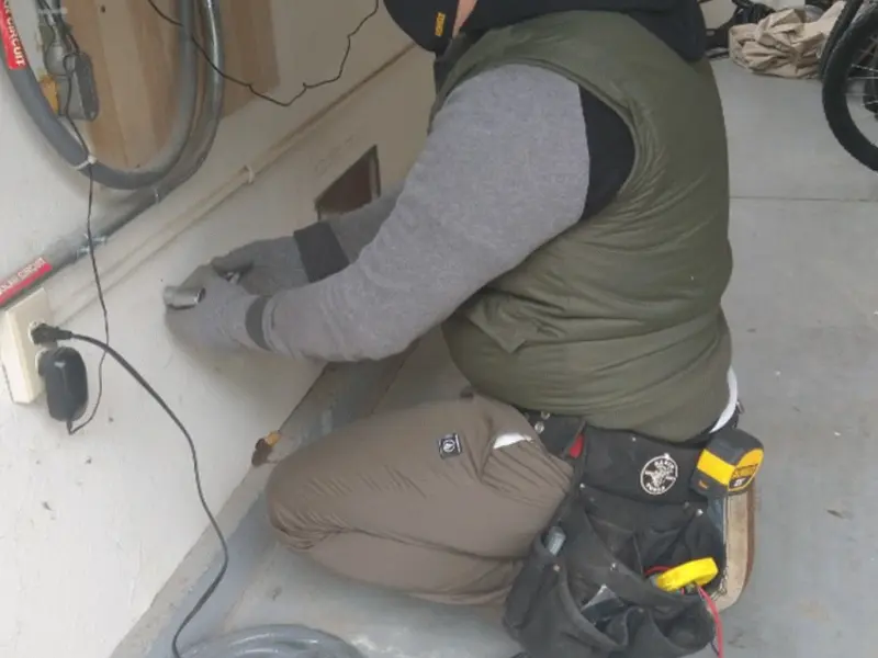 Electrician performing outlet wiring in a Constantia garage
